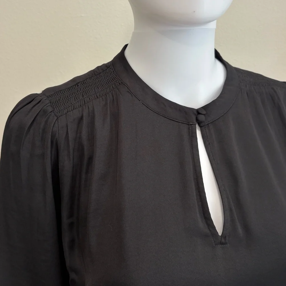 LOFT Black Satin Blouse Womens Size Small Smocked Long Puff Sleeve Fairy Goth